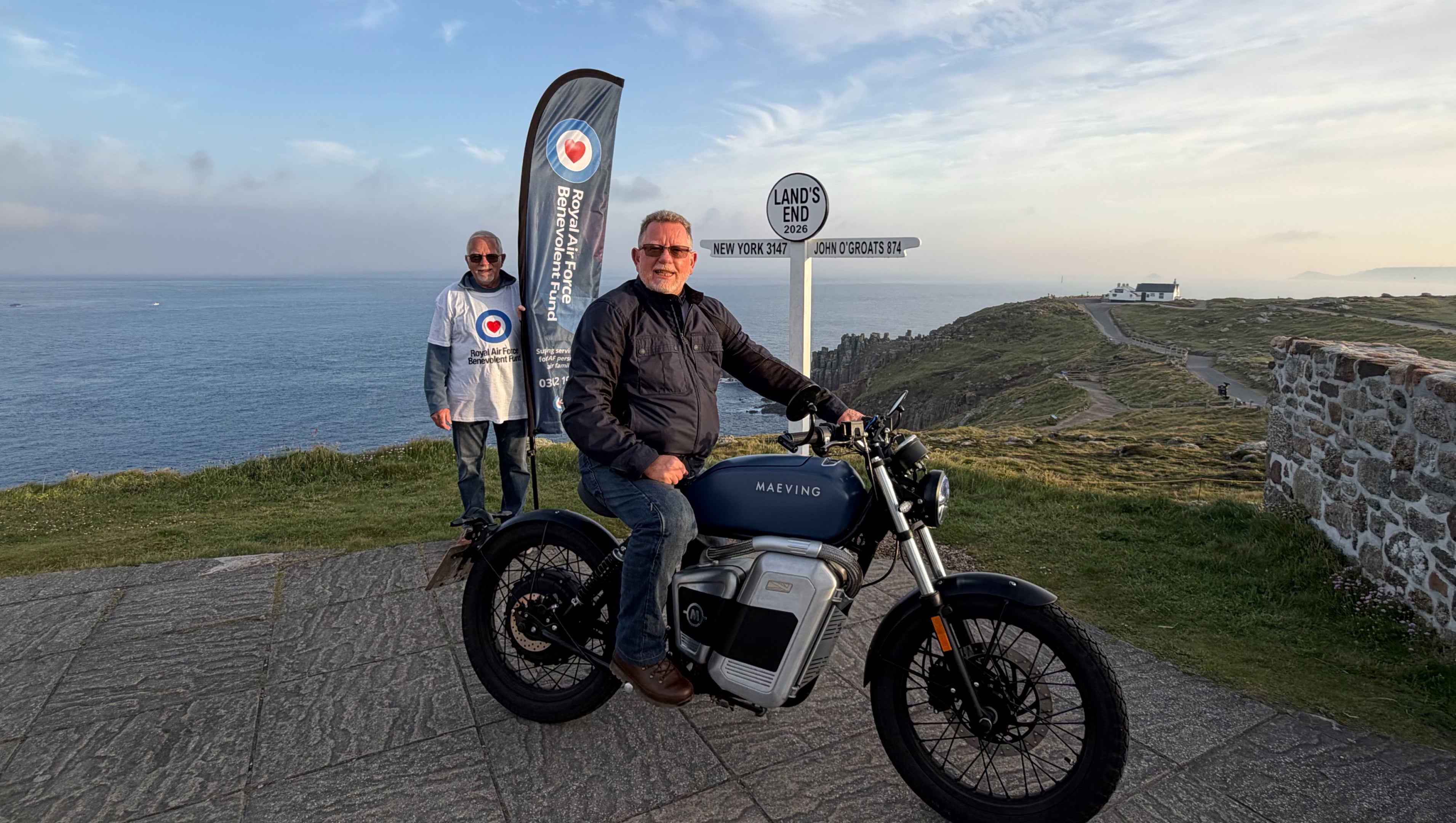 Tony and Trevor Jackson at the start of their journey from Land's End to John O' Groats on a Maeving RM1S electric motorcycle
