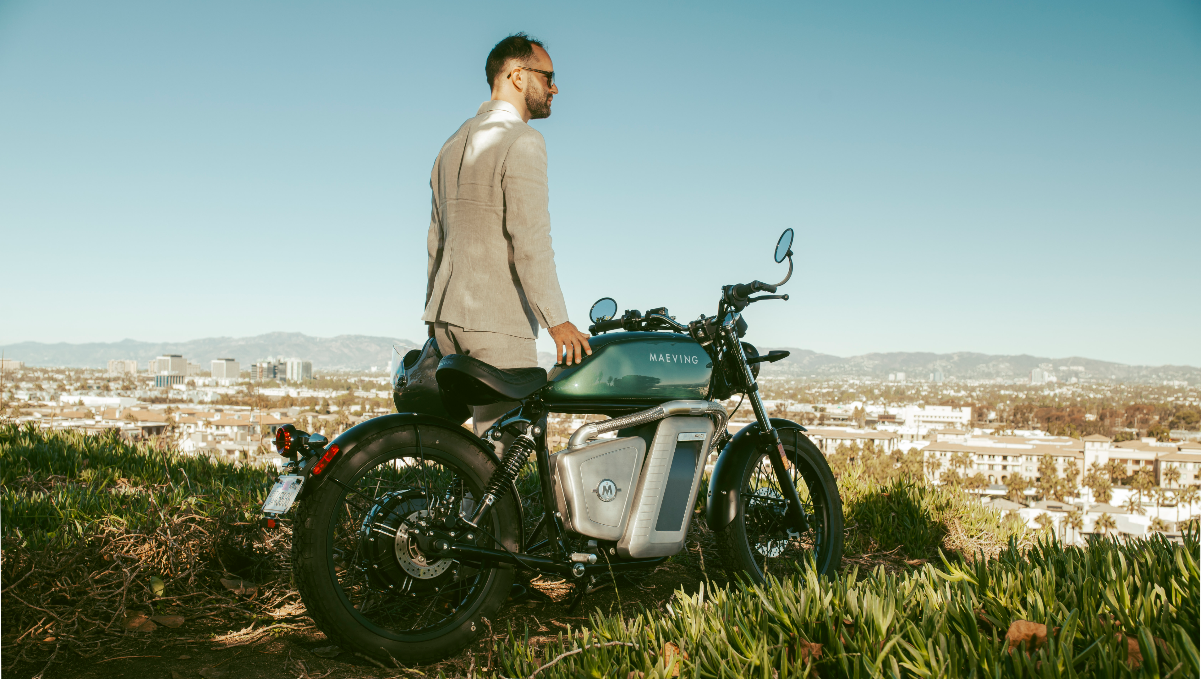 Maeving RM1 electric motorcycle with rider Kevin Krumpak