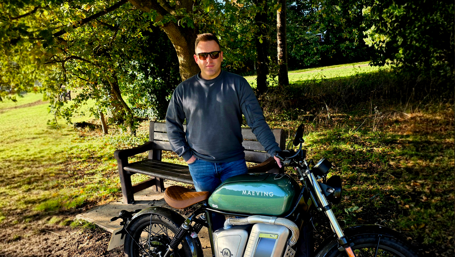 Riding a Maeving RM1 in the countryside